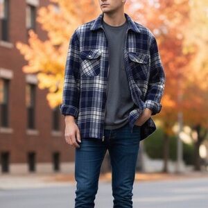 Industrial Rags Navy Plaid Zip Up Flannel Shirt Jacket Shacket Mens Lg Gorpcore